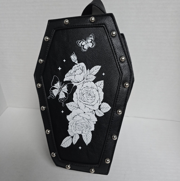 Black Butterfly and Rose Coffin Backpack - Picture 1 of 11